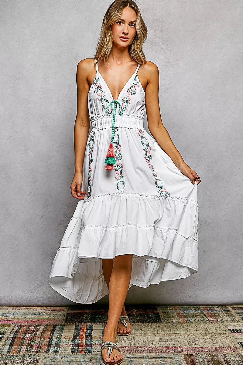 Ivory Embroidered Boho Tassel Midi Dress