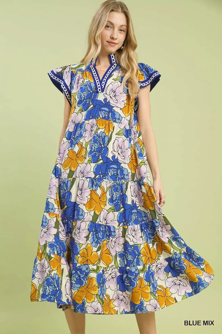Bold Floral Tiered Midi Dress