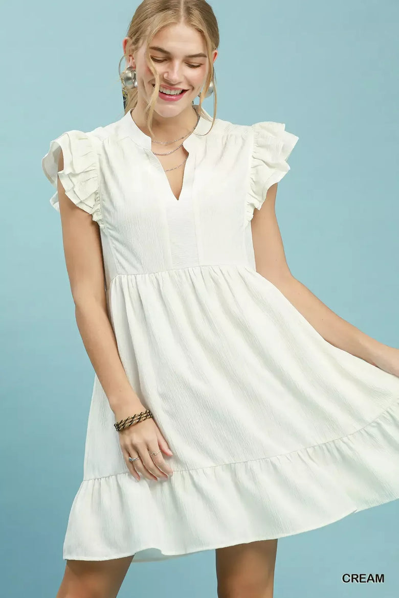 Cream Ruffle Sleeve Babydoll Dress