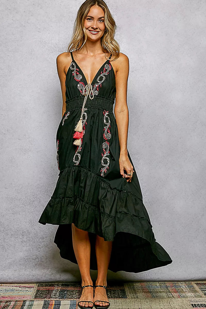 Black Embroidered Boho Tassel Midi Dress