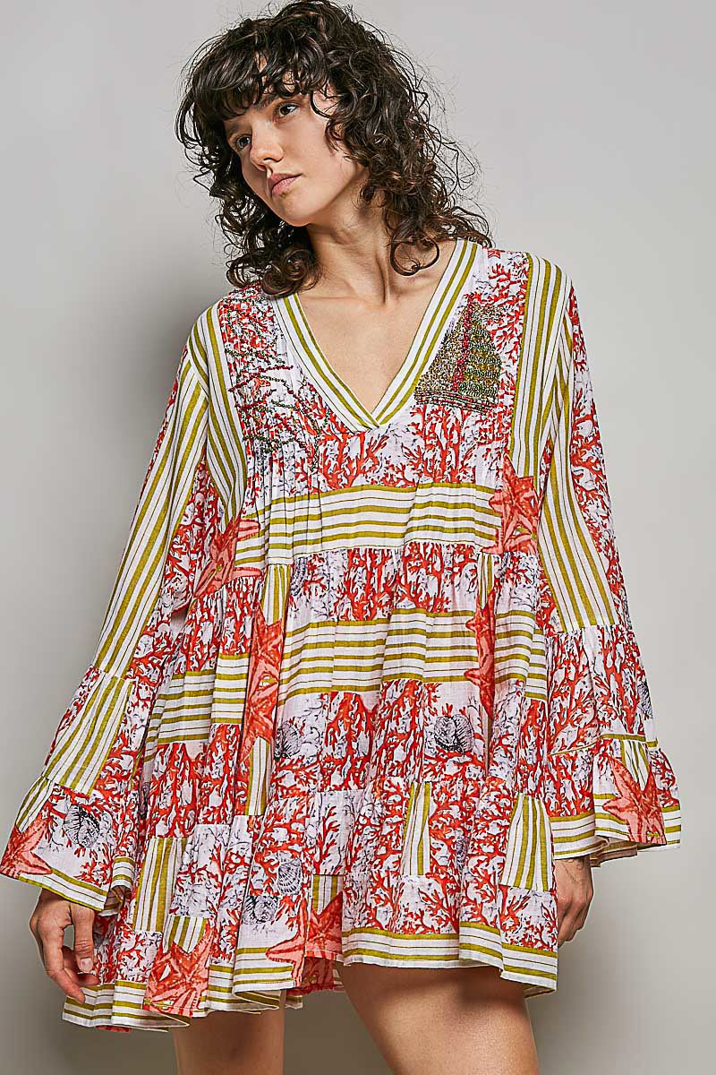 Ivory Coral Tiered Mini Dress