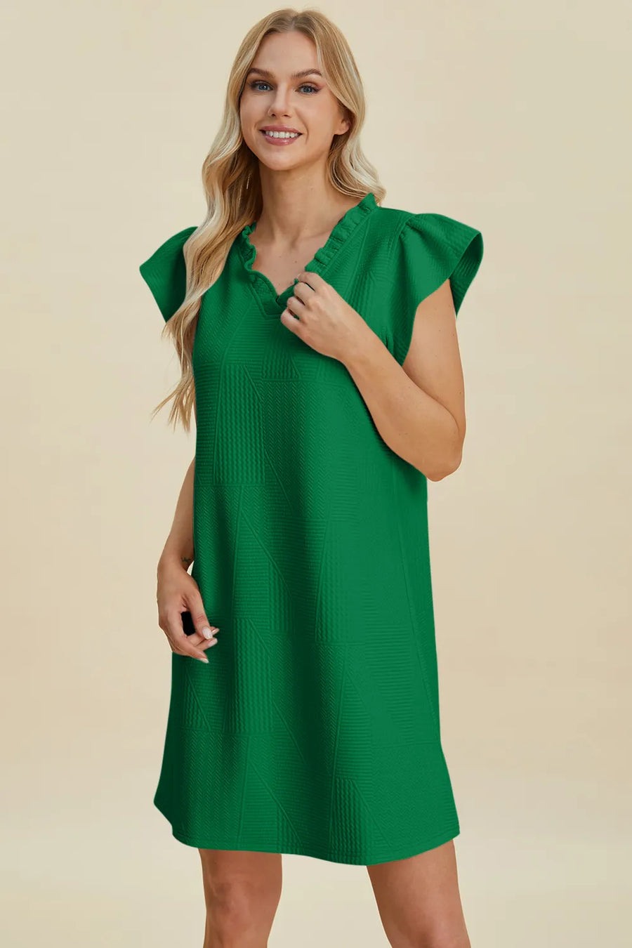 Ruffled V-Neck Cap Sleeve Mini Dress